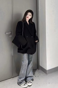 Black Oversized Women's Suit Jacket - High-End Casual Blazer for Spring & Autumn 2025, Trendy Niche Silhouette