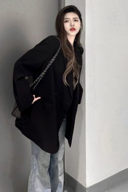 Black Oversized Women's Suit Jacket - High-End Casual Blazer for Spring & Autumn 2025, Trendy Niche Silhouette