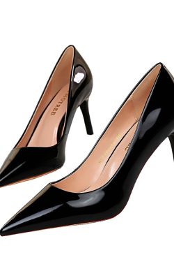 Black Patent Leather High Heels for Women - Sexy Pointed Toe, Thin Heels, Elegant Slip-On Design, Versatile Fashion for Any Occasion