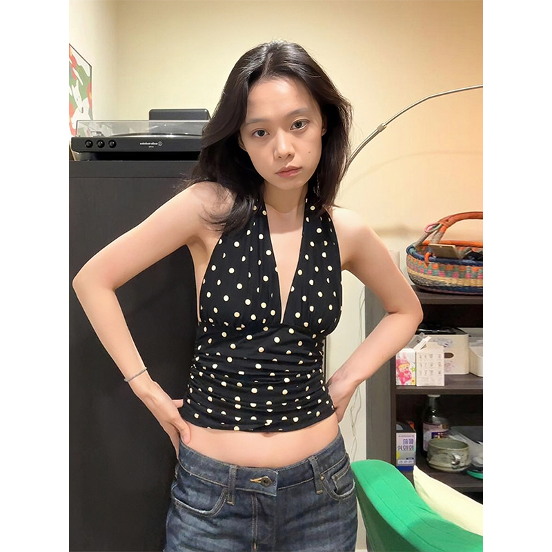 Black Polka Dot Halter Neck Sleeveless Top for Women - V-Neck, Slim Fit, Trendy Summer Outfit, Flattering Style for Hot Girls Black Polka Dot Halter Neck Sleeveless Top for Women - V-Neck, Slim Fit, Trendy Summer Outfit, Flattering Style for Hot Girls