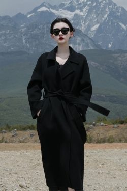 Black Reversible Cashmere Coat for Women - Elegant Mid-Length Bathrobe-Style Outerwear for 2024 Autumn/Winter, Korean Style