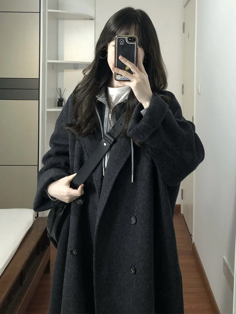 Black Reversible Cashmere Coat for Women - Mid-Length, High-End Korean Style Woolen Outerwear for Autumn & Winter, Perfect for Petites Black Reversible Cashmere Coat for Women - Mid-Length, High-End Korean Style Woolen Outerwear for Autumn & Winter, Perfect for Petites