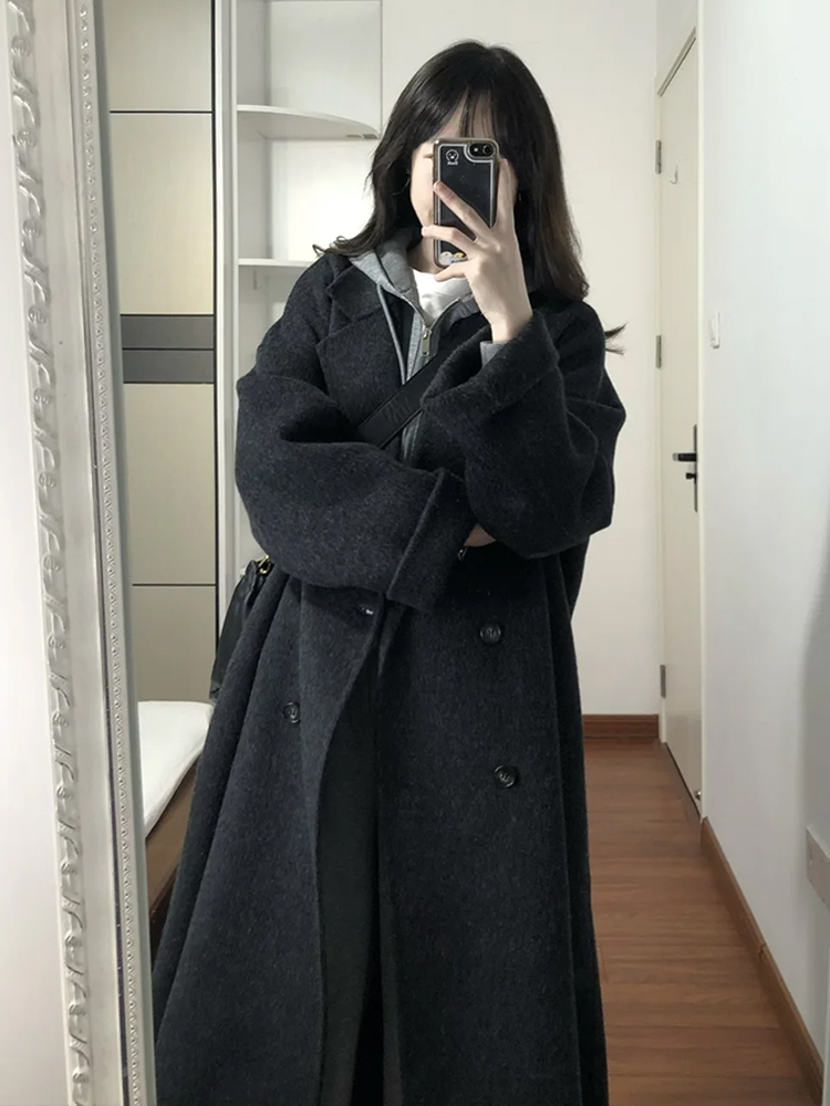 Black Reversible Cashmere Coat for Women - Mid-Length, High-End Korean Style Woolen Outerwear for Autumn & Winter, Perfect for Petites Black Reversible Cashmere Coat for Women - Mid-Length, High-End Korean Style Woolen Outerwear for Autumn & Winter, Perfect for Petites