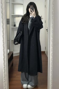 Black Reversible Cashmere Coat for Women - Mid-Length, High-End Korean Style Woolen Outerwear for Autumn & Winter, Perfect for Petites