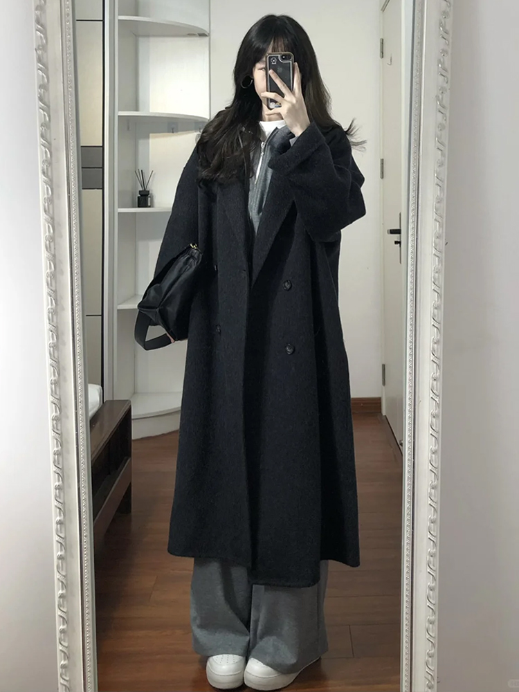 Black Reversible Cashmere Coat for Women - Mid-Length, High-End Korean Style Woolen Outerwear for Autumn & Winter, Perfect for Petites Black Reversible Cashmere Coat for Women - Mid-Length, High-End Korean Style Woolen Outerwear for Autumn & Winter, Perfect for Petites