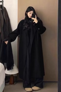 Black Reversible Cashmere Coat for Women, Mid-Length Woolen Outerwear, Chic Autumn/Winter 2024 Style for Petite Sizes