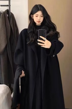 Black Reversible Cashmere Coat for Women, Mid-Length Woolen Outerwear, Chic Autumn/Winter 2024 Style for Petite Sizes