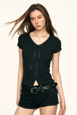Black Rhinestone Bow Shoulder Short Sleeve Crop Top T-Shirt for Women - Summer Slim Fit Y2K Style Fashion