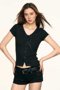 Black Rhinestone Bow Shoulder Short Sleeve Crop Top T-Shirt for Women - Summer Slim Fit Y2K Style Fashion