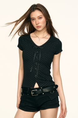 Black Rhinestone Bow Shoulder Short Sleeve Crop Top T-Shirt for Women - Summer Slim Fit Y2K Style Fashion