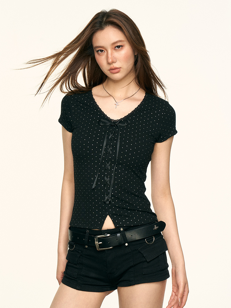 Black Rhinestone Bow Shoulder Short Sleeve Crop Top T-Shirt for Women - Summer Slim Fit Y2K Style Fashion Black Rhinestone Bow Shoulder Short Sleeve Crop Top T-Shirt for Women - Summer Slim Fit Y2K Style Fashion