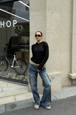 Black Semi-Transparent Knitted Hoodie - Stylish Practical Design for Small Essentials, Perfect for Y2K and Casual Looks