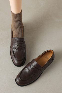 Black Sheepskin Flat Loafers for Women - 2025 Summer Round Toe Slip-On Leather Shoes, Y2K Inspired Comfort Fashion