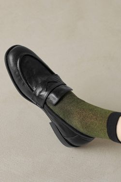 Black Sheepskin Flat Loafers for Women - 2025 Summer Round Toe Slip-On Leather Shoes, Y2K Inspired Comfort Fashion