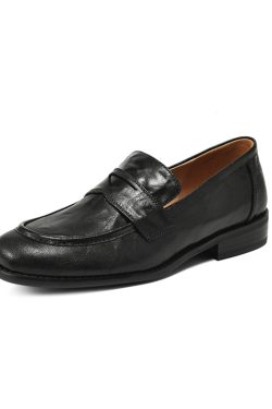 Black Sheepskin Flat Loafers for Women - 2025 Summer Round Toe Slip-On Leather Shoes, Y2K Inspired Comfort Fashion