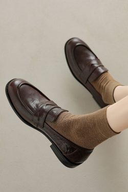 Black Sheepskin Flat Loafers for Women - 2025 Summer Round Toe Slip-On Leather Shoes, Y2K Inspired Comfort Fashion