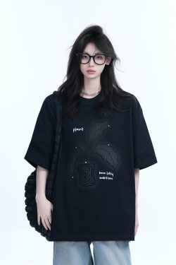 Black Short-Sleeve Hip-Hop T-Shirt for Women with National Trend Design - Summer Heavy Loose Fit Couple Style