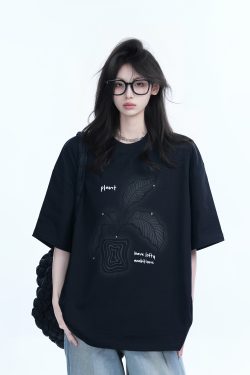Black Short-Sleeve Hip-Hop T-Shirt for Women with National Trend Design - Summer Heavy Loose Fit Couple Style