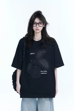 Black Short-Sleeve Hip-Hop T-Shirt for Women with National Trend Design - Summer Heavy Loose Fit Couple Style