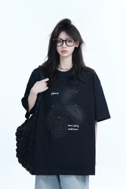 Black Short-Sleeve Hip-Hop T-Shirt for Women with National Trend Design - Summer Heavy Loose Fit Couple Style