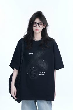 Black Short-Sleeve Hip-Hop T-Shirt for Women with National Trend Design - Summer Heavy Loose Fit Couple Style