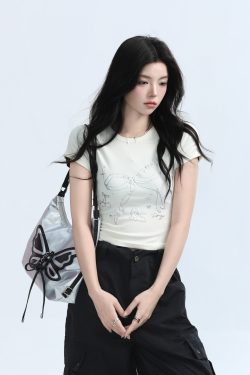 Black Short-Sleeve T-Shirt for Women - American Retro Style with Bow Design - Slim Fit Summer Top for Spicy Girls