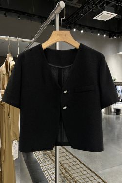 Black Short-Sleeved Blazer for Women, Summer Thin Chanel-Style Jacket, 2025 Y2K Inspired Elegant Outerwear