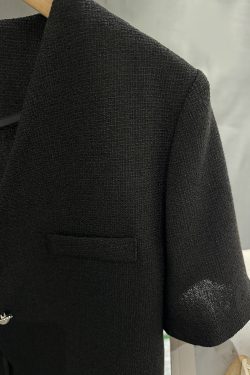 Black Short-Sleeved Blazer for Women, Summer Thin Chanel-Style Jacket, 2025 Y2K Inspired Elegant Outerwear