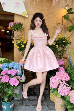 Black Spliced Imitation Silk Spaghetti Strap Dress with Pink Bow and Fan Meow Meow Design - Elegant Princess Style Dress