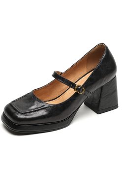Black Square-Toe Mary Jane Shoes for Women, Chunky Heel, Waterproof Platform, Shallow Mouth, Trendy Summer Style