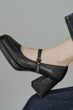 Black Square-Toe Mary Jane Shoes for Women, Chunky Heel, Waterproof Platform, Shallow Mouth, Trendy Summer Style