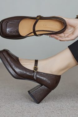 Black Square-Toe Mary Jane Shoes for Women, Chunky Heel, Waterproof Platform, Shallow Mouth, Trendy Summer Style