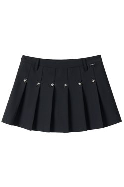 Black Star-Shaped Rivet Pleated Midi Skirt with Layered Design and Versatile Black Strap - Y2K Fashion Essential