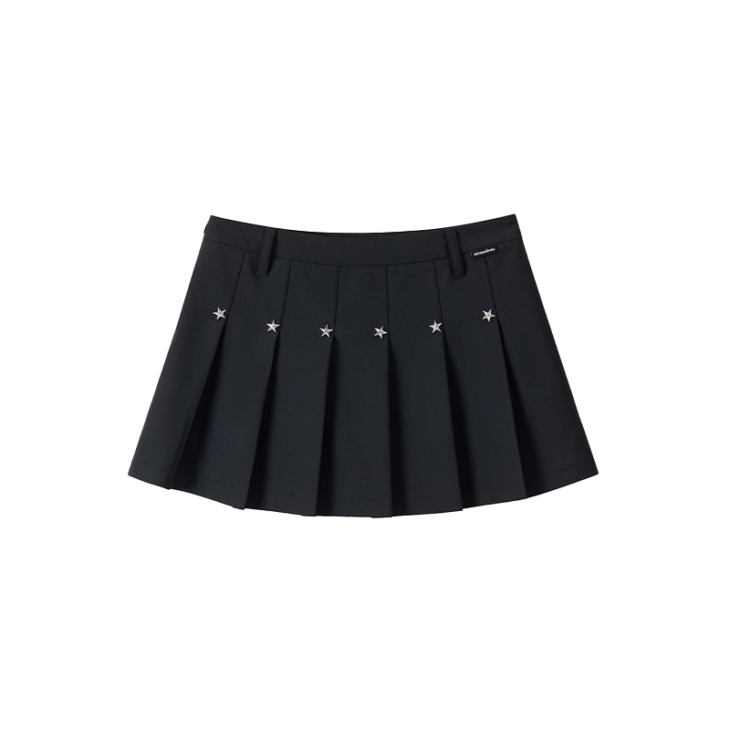 Black Star-Shaped Rivet Pleated Midi Skirt with Layered Design and Versatile Black Strap - Y2K Fashion Essential Black Star-Shaped Rivet Pleated Midi Skirt with Layered Design and Versatile Black Strap - Y2K Fashion Essential