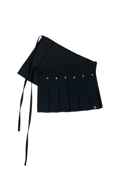 Black Star-Shaped Rivet Pleated Midi Skirt with Layered Design and Versatile Black Strap - Y2K Fashion Essential