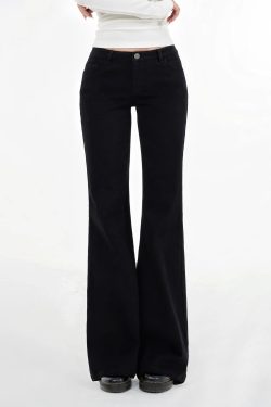 Black Stretchy Mid-Low Waist Flared Denim Pants for Women - Trendy Y2K Style Jeans