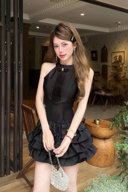 Black Swan Summer Short Dress with Sexy Lace Tulle Skirt - Perfect for 90s and Y2K Inspired Fashion