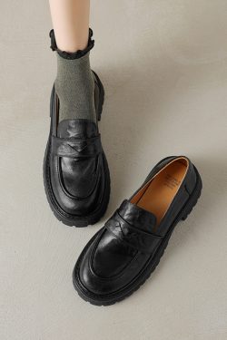 Black Thick-Soled Loafers for Women - Round-Toe Slip-On Leather Shoes - 2025 Summer Fashion Footwear