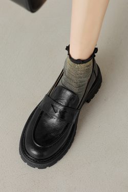 Black Thick-Soled Loafers for Women - Round-Toe Slip-On Leather Shoes - 2025 Summer Fashion Footwear