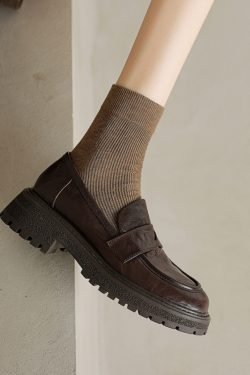 Black Thick-Soled Loafers for Women - Round-Toe Slip-On Leather Shoes - 2025 Summer Fashion Footwear