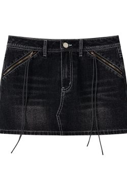 Black Vintage Washed Denim Skirt with Lining - 90s Inspired, Non-See-Through Design for Effortless Style