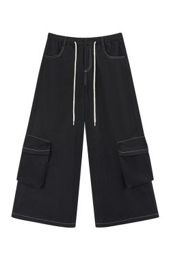 Black Wide-Leg Cargo Pants for Women with Drawstring - Casual Elastic Plaid Trousers, Autumn & Winter Fashion