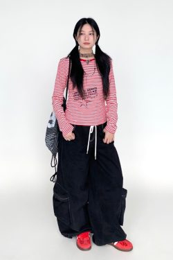 Black Wide-Leg Cargo Pants for Women with Drawstring - Casual Elastic Plaid Trousers, Autumn & Winter Fashion