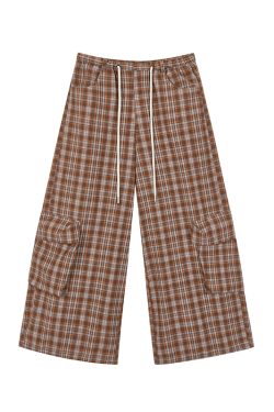 Black Wide-Leg Cargo Pants for Women with Drawstring - Casual Elastic Plaid Trousers, Autumn & Winter Fashion