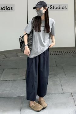 Black Women's Plus Size Summer Balloon Pants, Casual Loose Wide-Leg High-Waisted 90s Style Nine-Point Trousers