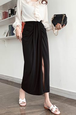 Black Wrinkled Drape High-Waisted Midi Skirt for Women - Slimming Straight Design, Perfect for Spring/Summer 2025