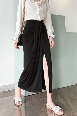 Black Wrinkled Drape High-Waisted Midi Skirt for Women - Slimming Straight Design, Perfect for Spring/Summer 2025