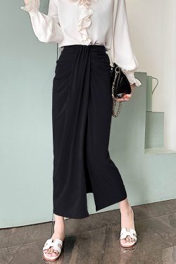 Black Wrinkled Drape High-Waisted Midi Skirt for Women - Slimming Straight Design, Perfect for Spring/Summer 2025