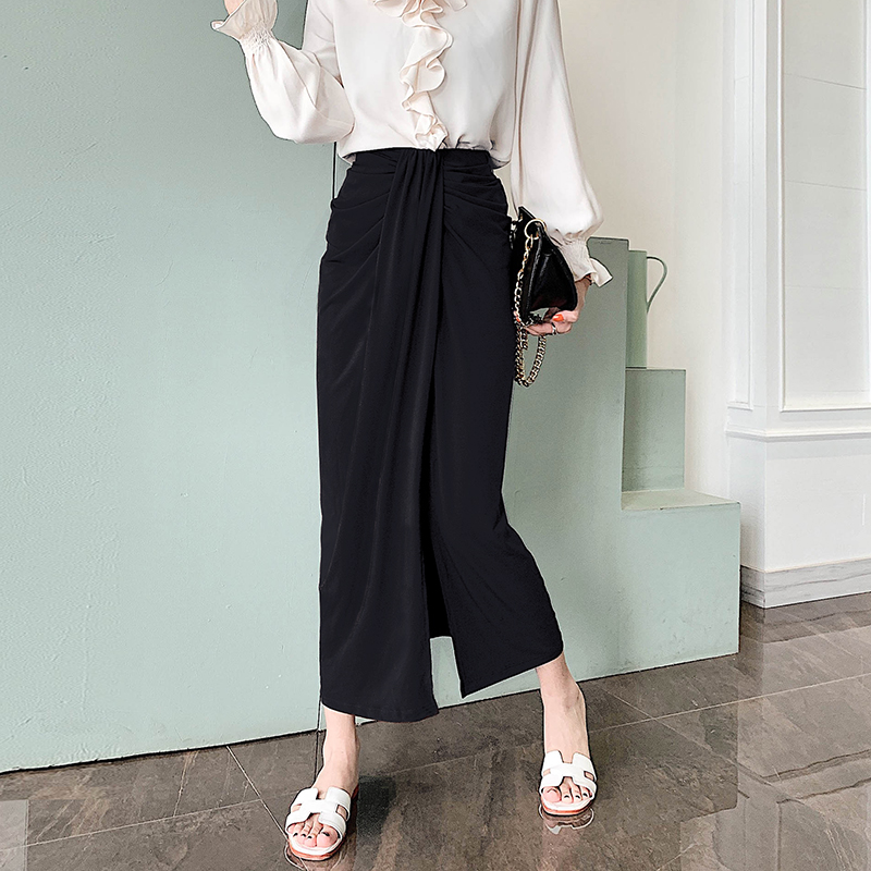 Black Wrinkled Drape High-Waisted Midi Skirt for Women - Slimming Straight Design, Perfect for Spring/Summer 2025 Black Wrinkled Drape High-Waisted Midi Skirt for Women - Slimming Straight Design, Perfect for Spring/Summer 2025