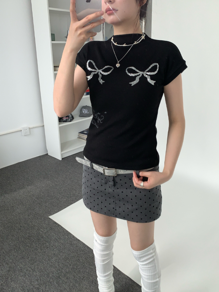 Bling Sequin Embroidered Bow Print High Neck Slim Fit Top for Girls - Summer Fashion Tee, Perfect for Y2K and 90s Style Bling Sequin Embroidered Bow Print High Neck Slim Fit Top for Girls - Summer Fashion Tee, Perfect for Y2K and 90s Style